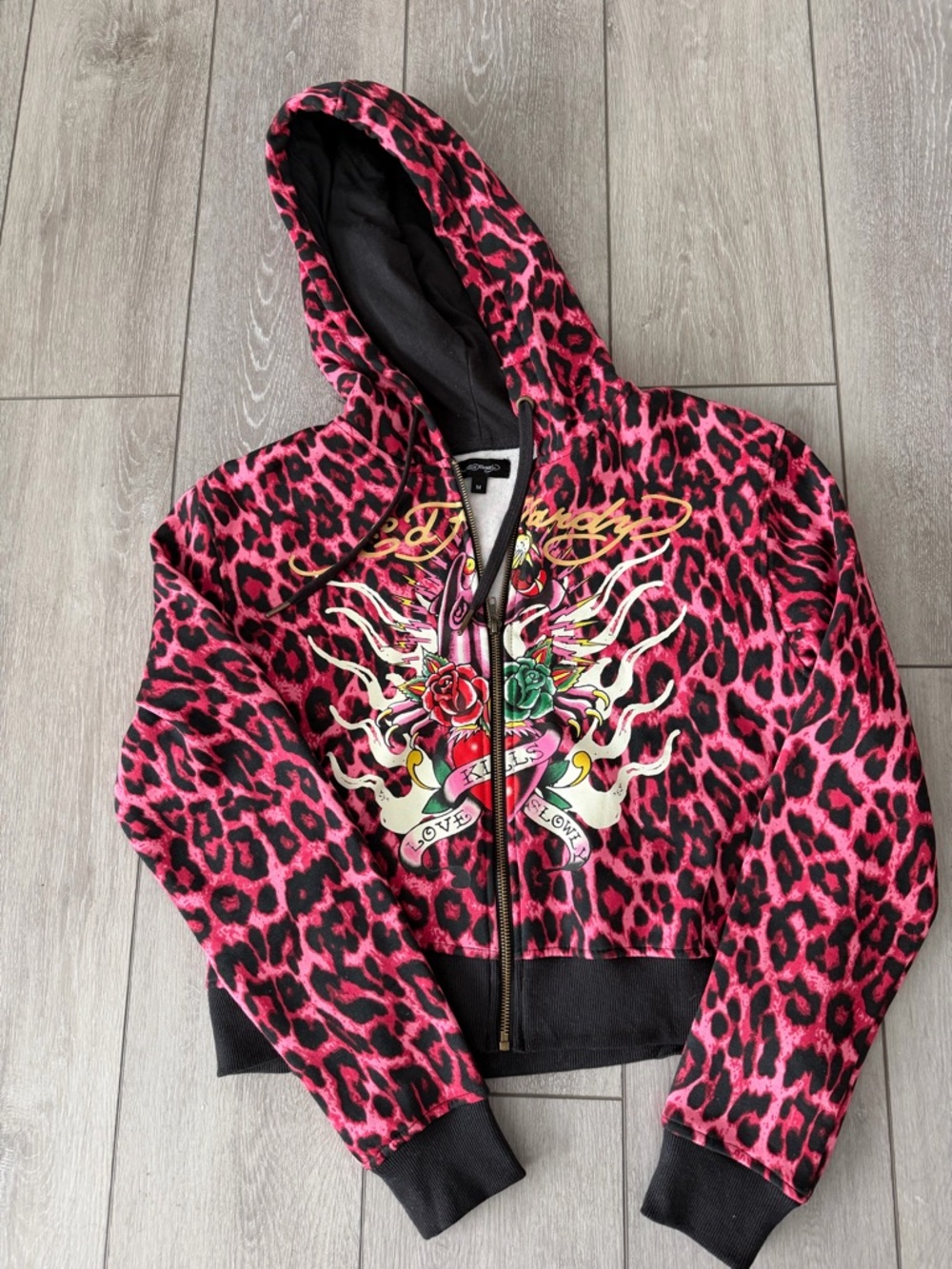 Ed Hardy Hot Pink Leopard Zip Hoodie with Graphic Chest